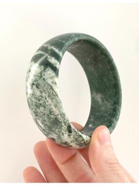 Natural Green Moss Agate Stone Vintage Chunky Round Polished Bangle Bracelet